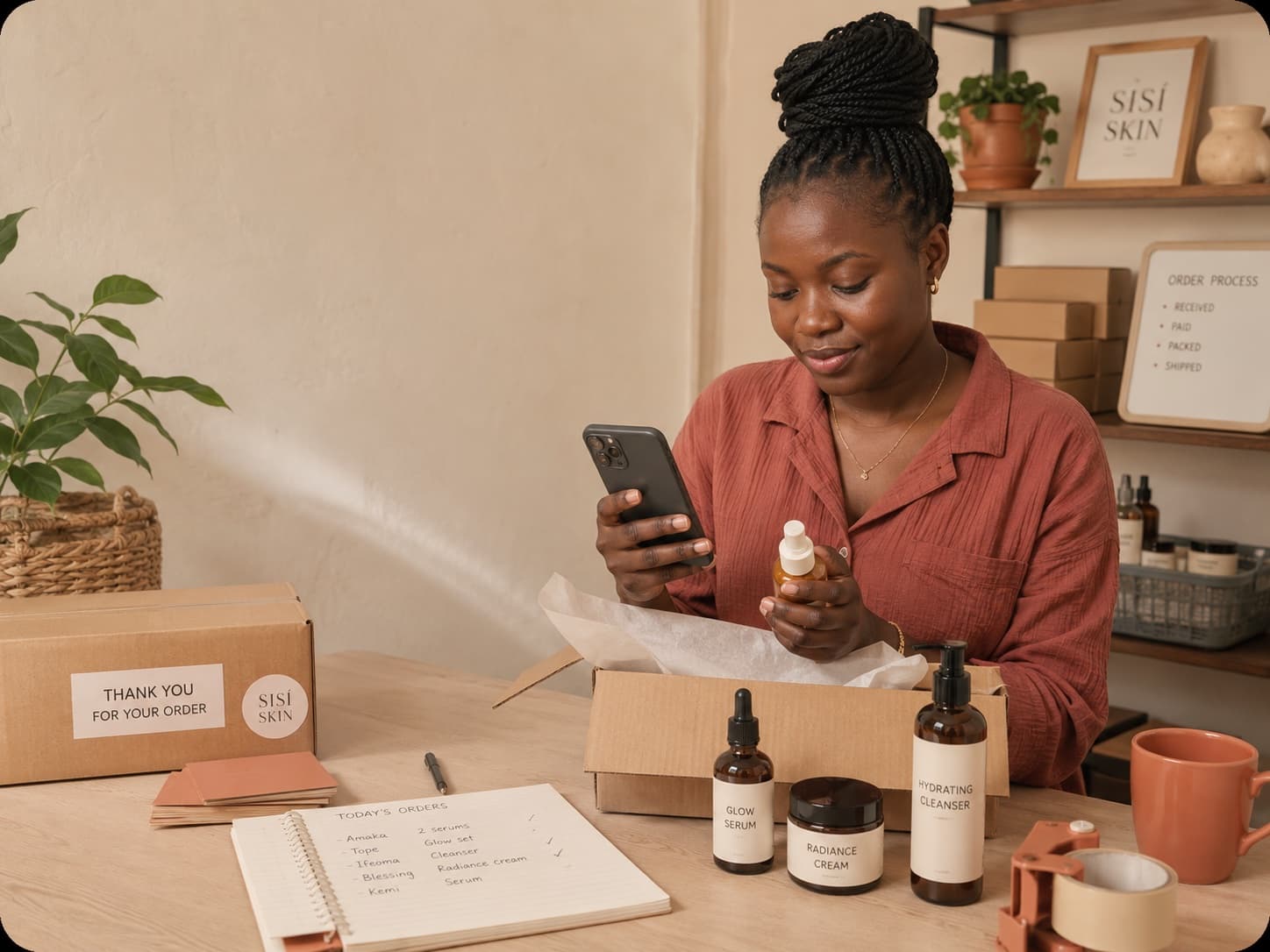 A skincare merchant packing an order while checking her phone